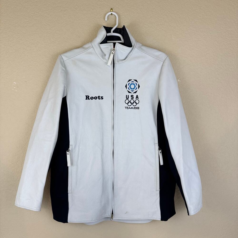 ROOTS 2006 White Leather Olympic Jacket Team USA Torino Mens Size M